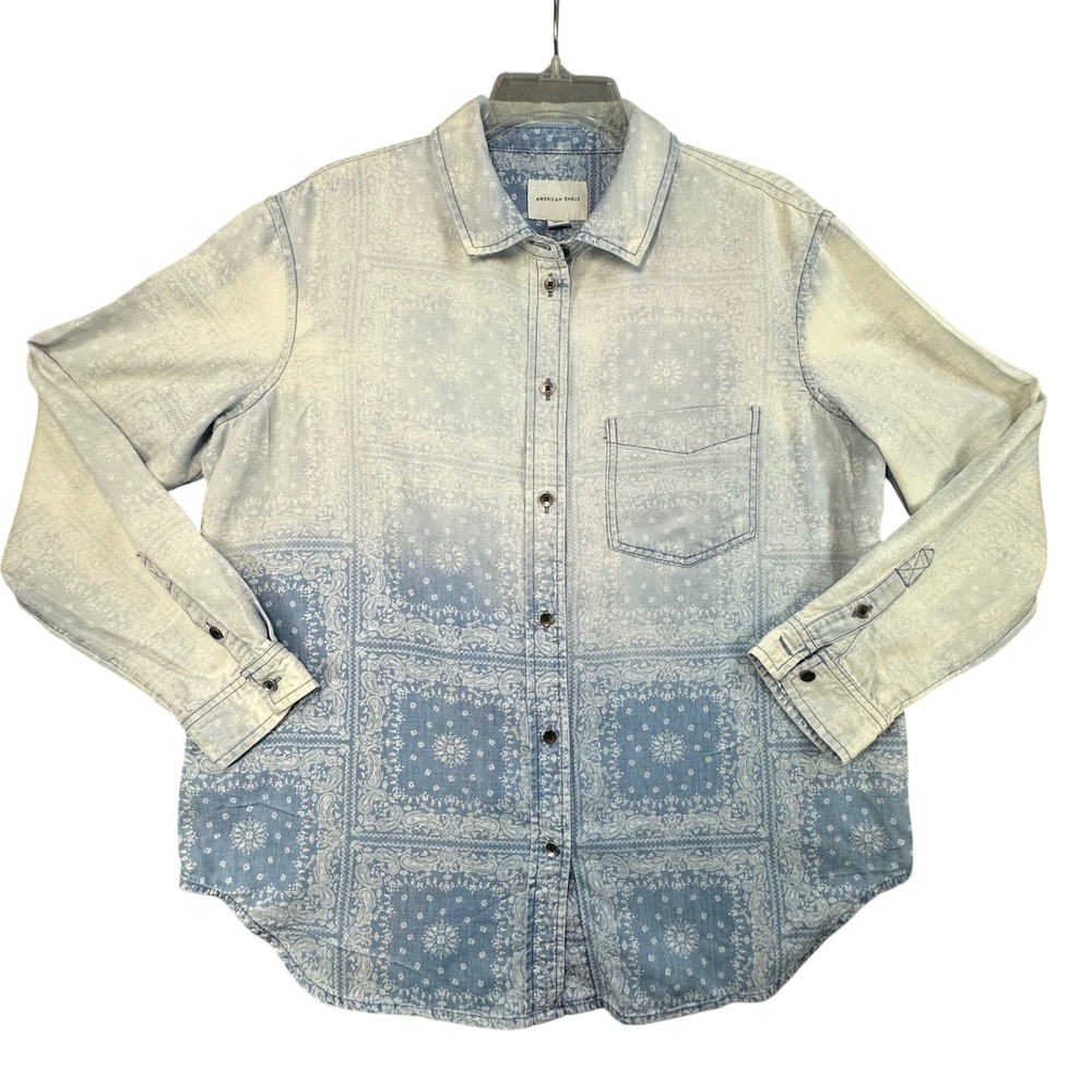 American Eagle Bandana Patchwork Ombre Button Down Shirt XS Blue White Boho